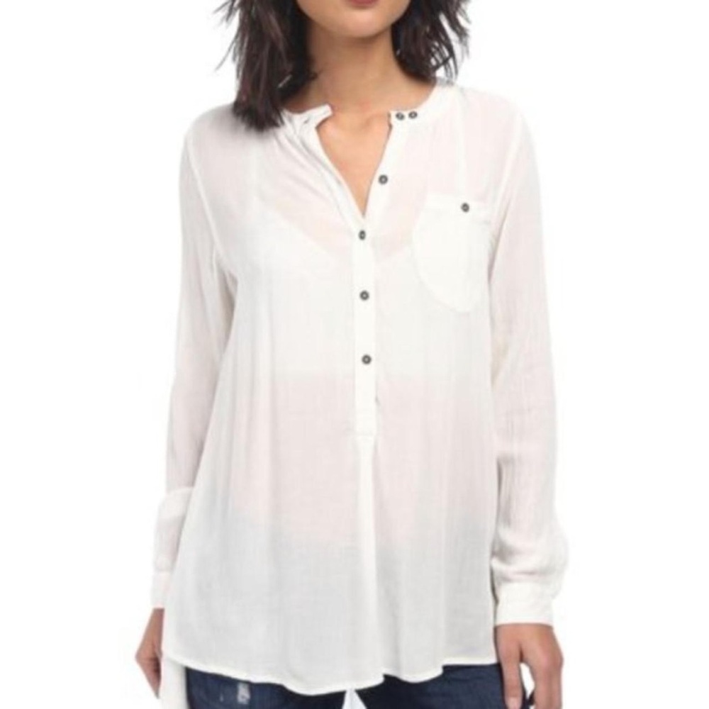 Free People Gauze Popover Long Sleeve Boyfriend Tunic in White